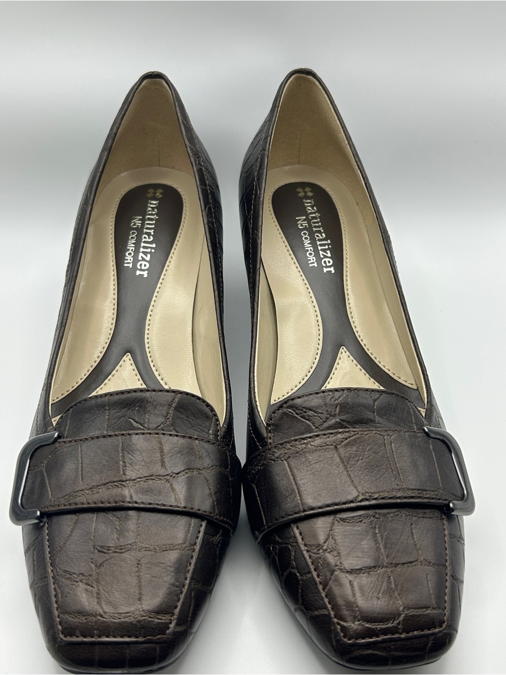 Naturalizer Dark Brown Croc-Embossed Loafers with Buckle Trim
